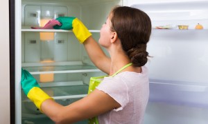 Woman in yellow gloves cleaning refrigerator