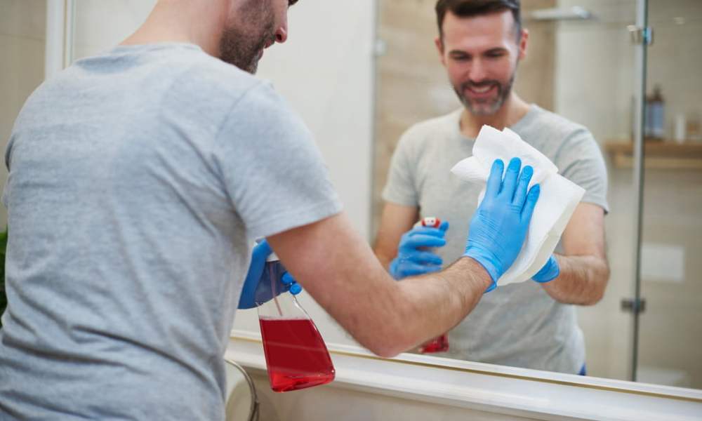 Person cleaning a mirror