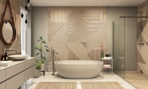 a clean modern bathroom with tan walls