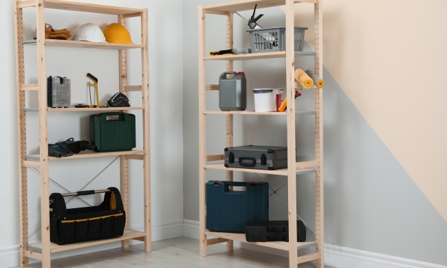 Storage shelves in a corner against white walls