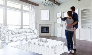 Couple planning their living room layout together