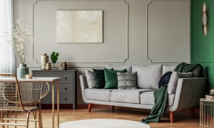 living room with gray and green color palette