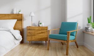 Midcentury modern chair and table in bedroom