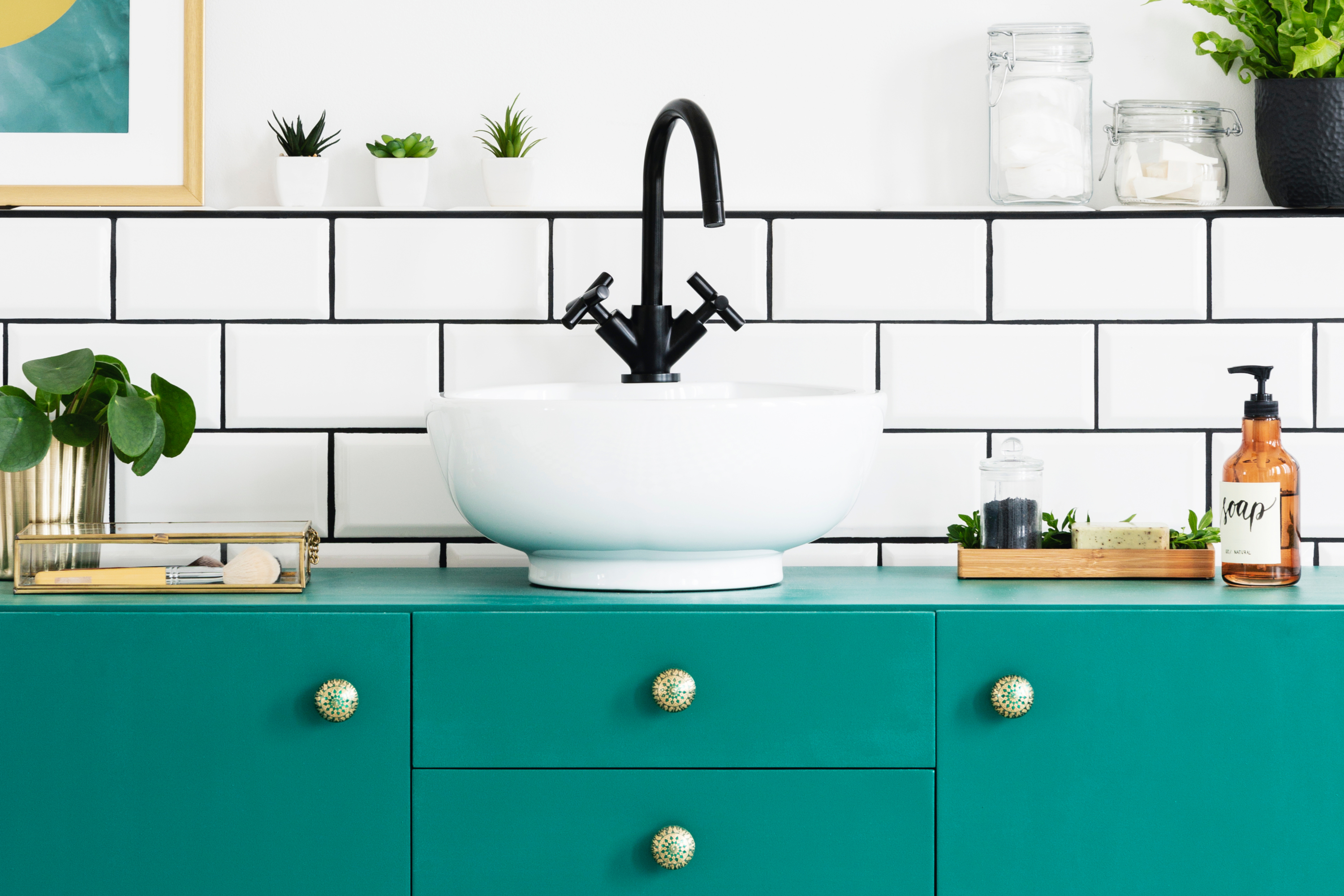 Bathroom with aqua vanity