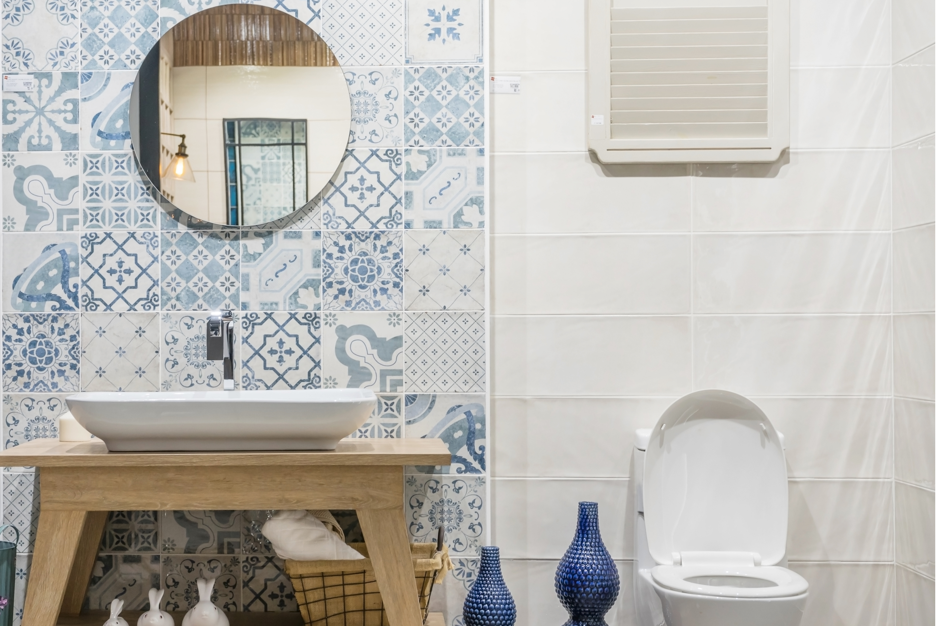 blue patterned tile in bathroom