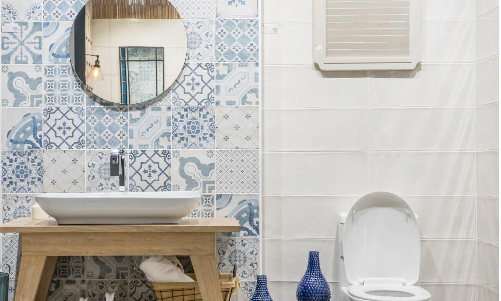 blue patterned tile in bathroom