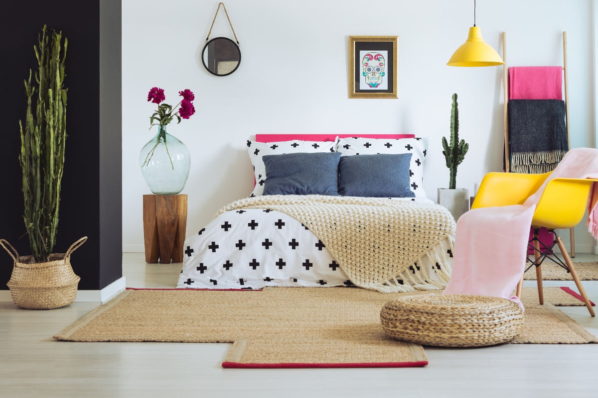 modern bedroom with lots of color and bold pattern