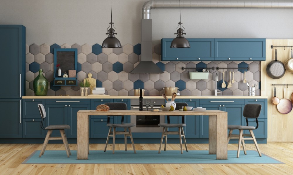 blue and tan color palette in midcentury modern kitchen with geometric tile backsplash