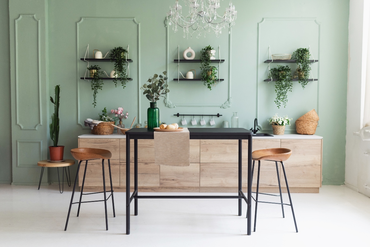 Mint walls in mid-century modern dining kitchen area