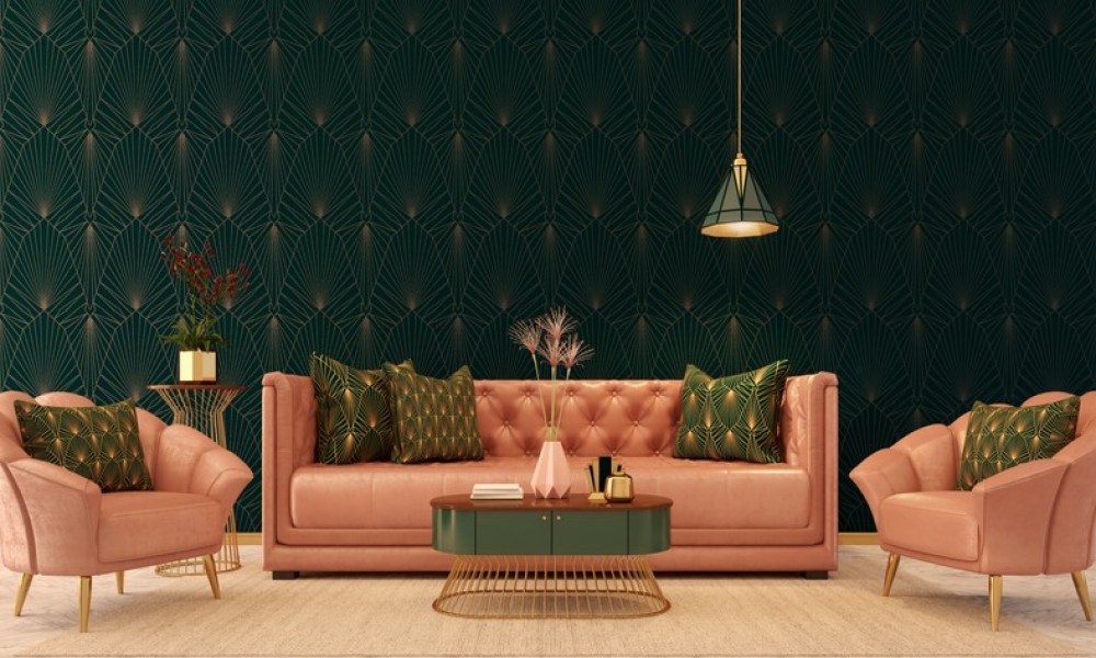 Green wallpaper with pink art deco sofa design