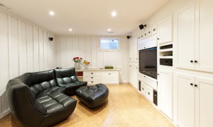 Finished basement with wood paneling