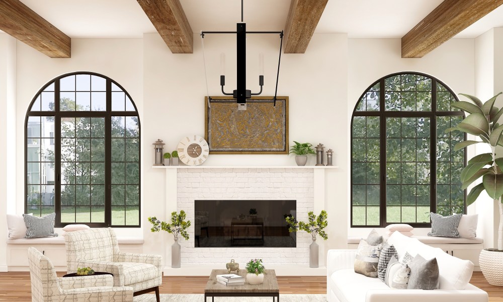 Modern farmhouse living room with exposed wood beams