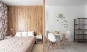 Light wood partition wall in small apartment