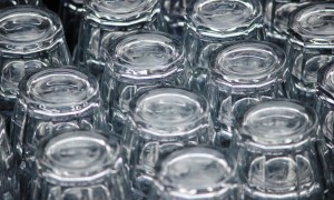 Water glasses upside down on a rack