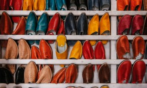 Shoes in a large shoe storage rack