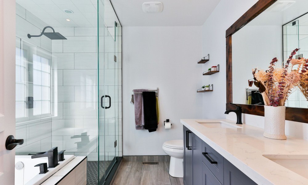 Large guest bathroom with glass shower