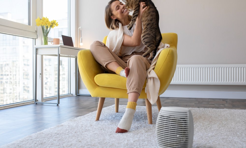 Woman sitting in yellow chair with a cat next to an air purifier